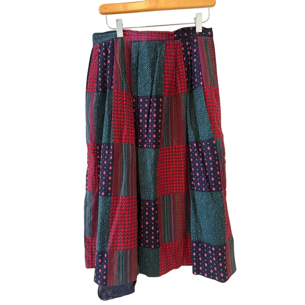 Vintage Susan Bristol Corduroy Patchwork Full Skirt Navy Red Green